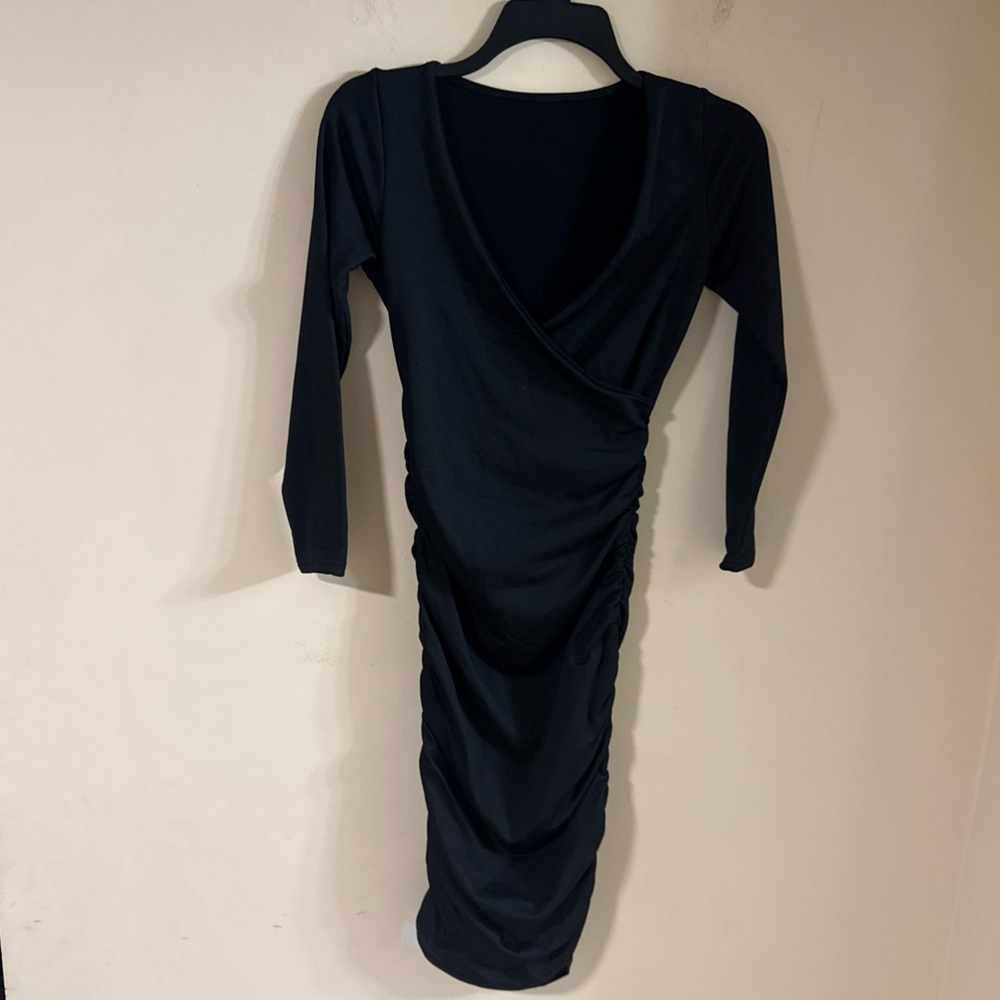 Shein Bodycon Dress Women’s S Black Tall Plunging Neck Ruched V-Neck…444